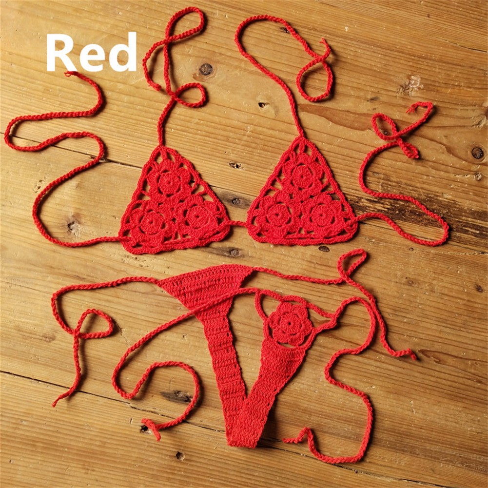【BLUEHOPE】 Gorgeous Crochet Lace Up Thong Bikini Set for Stylish Swimsuit Enthusiasts