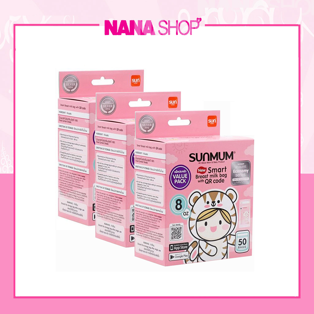 Combo 3 hộp túi trữ sữa SunMum loại 50 túi /hộp mẫu mới màu hồng năm 2023