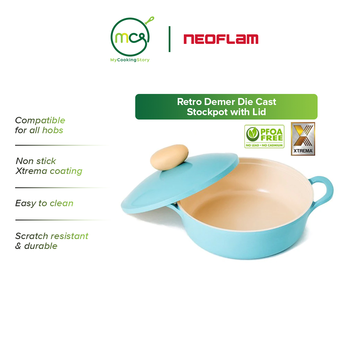 Neoflam Retro 22cm Low Stockpot Induction with Die-Cast Lid Green