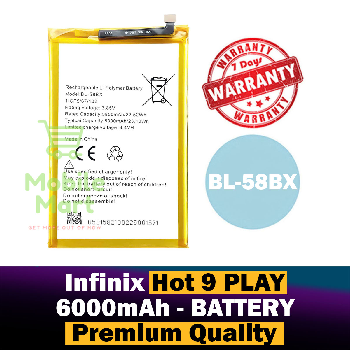 Infinix Hot 9 Play Battery BL-58BX Replacement Premium Quality 6000mah Battery For Infinix Hot 9 Play