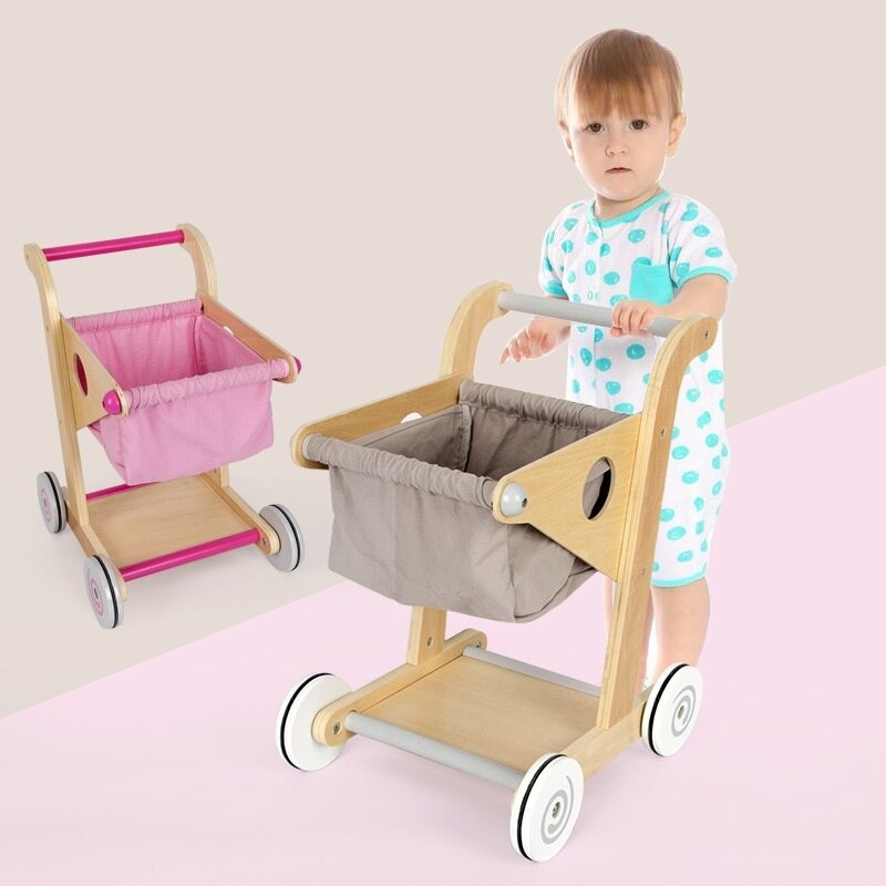 Wood Supermarket Trolley Toy Wooden Shopping Cart Pretend Play Toy for Children Kids Girls Boys Birthday Gift Idea 
