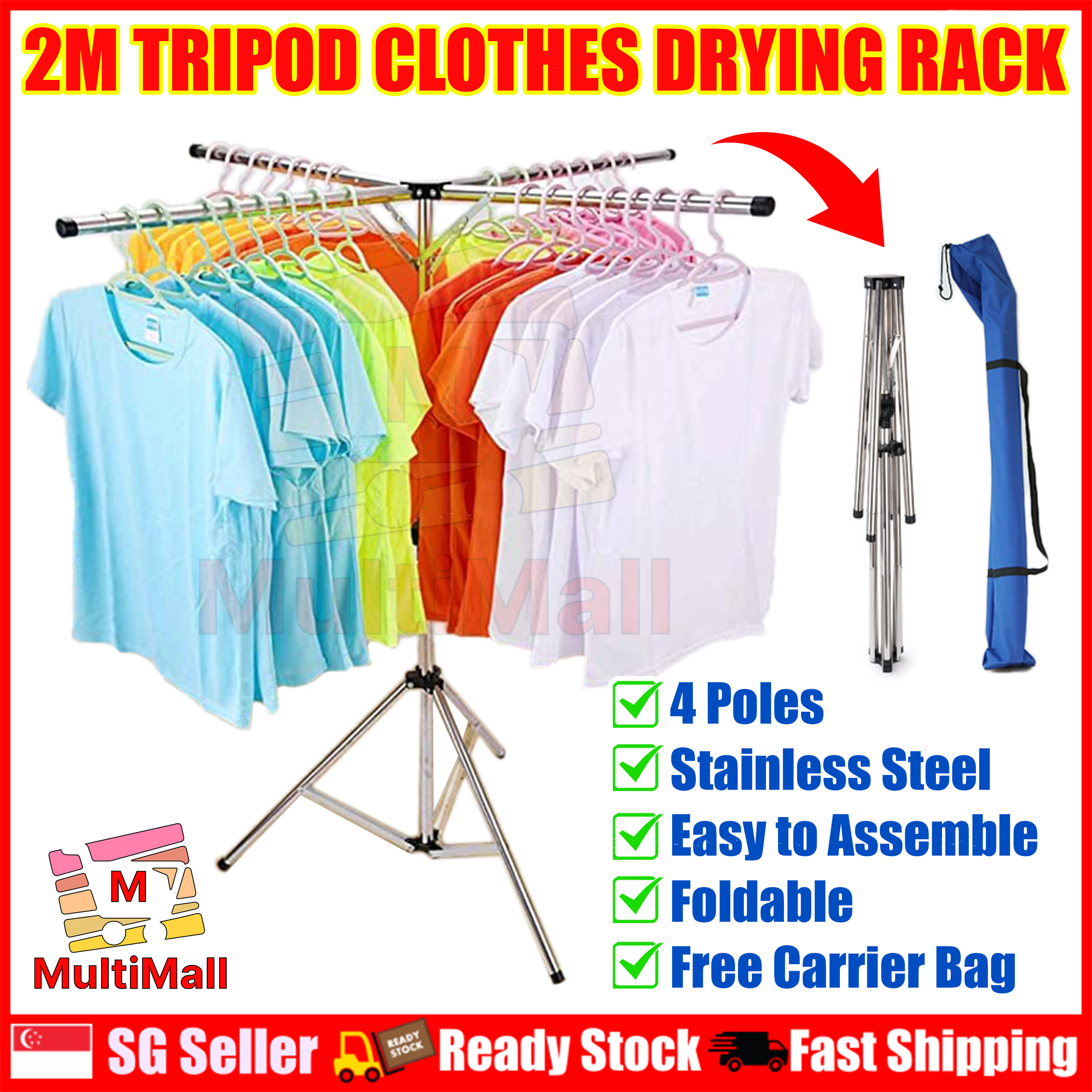 Tripod Clothes Drying Rack 2M Poles Foldable and Easy Storage