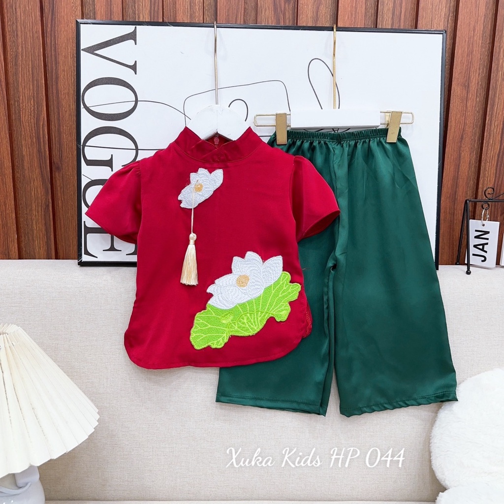 Set bộ áo bà ba tay bồng hoa sen thêu size 8-28kg