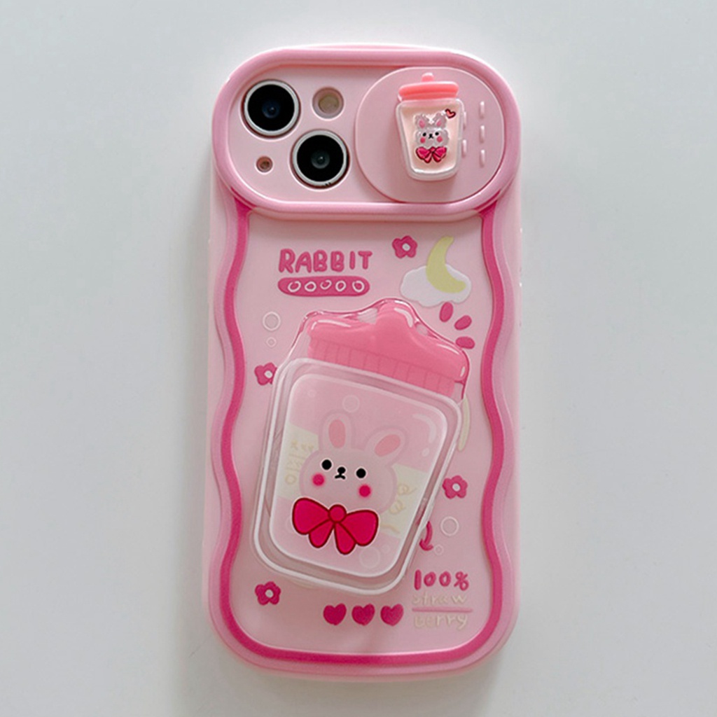 For iphone15 14 13 12 11 pro max 14 plus sliding window camera phone case cartoon pink cute 3d kirby soft tpu protective cover with stand