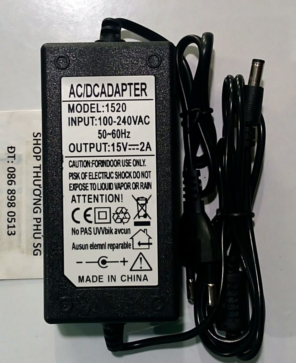 Bộ nguồn Adapter DC: 15V - 2A (2000mA) - Đầu lớn (Chuẩn đầu cắm: 5.5mm X 2.1~2.5mm)