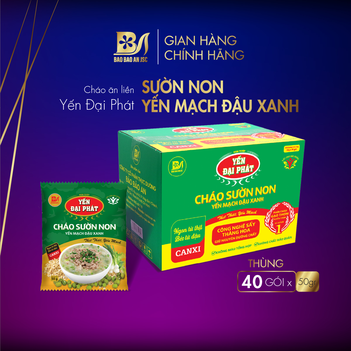 HCM - Cháo Sườn Non Yến Mạch Đậu Xanh - Yến Đại Phát (40 gói x 50gram / Thùng) Yến mạch thật thịt thật