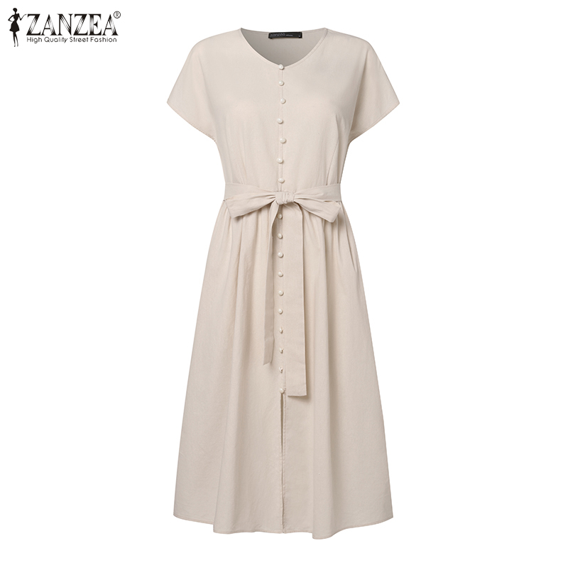 ZANZEA%20Women's%20Dresses%20Vintage%20Casual%20Cotton%20Linen%20Short%20Sleeve%20V-Neck%20Belted%20Plain%20Loose%20Midi%20Dress%20-%20Image%205