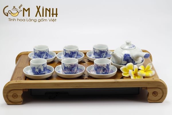 Bộ ấm chén Bát Tràng quai ngang men lam cổ