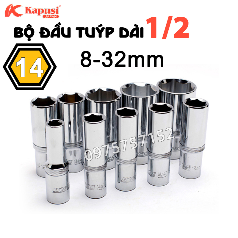 Bộ 14 đầu tuýp 1/2 dài 78mm công nghiệp KAPUSI 8-32mm, đầu típ, đầu khẩu lục giác 1/2 inch thép CR-V siêu cứng mở bulong, vặn ốc vít, đầu tiếp lục giác, phù hợp cần tuýp tự động, cần tuýp trượt, cần tuýp lắc léo, cần tuýp L