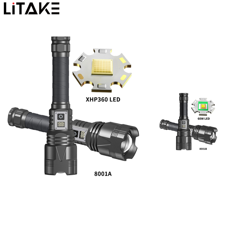 60W XHP360 Powerful Handheld Flashlights Digital Power Display IPX4 Waterproof Strong Light Long Range Outdoor Camping Flash Light Torch