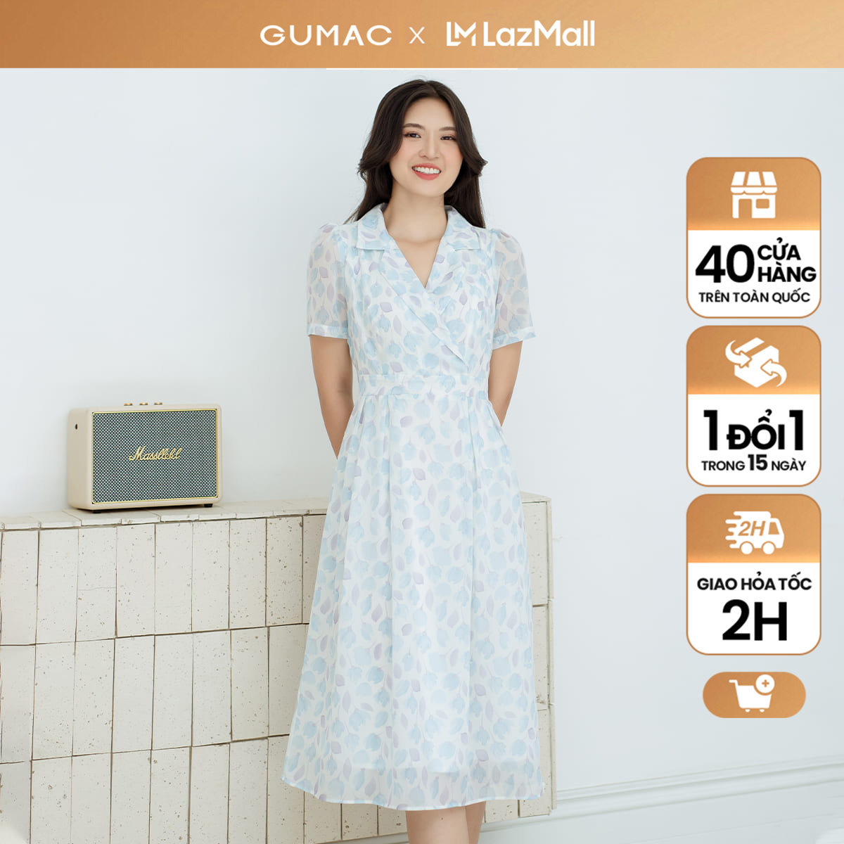 Đầm dáng a xòe gumac dd08030 tùng xếp li, lưng thắt nơ kiểu