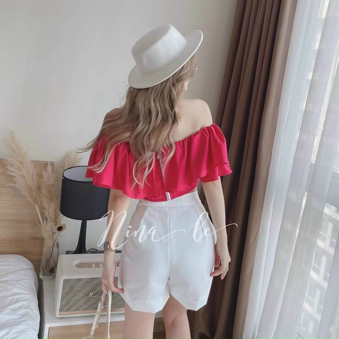 Set Áo Và Quần Ngắn Trễ Vai Phối Bèo Xinh Xắn Rose Fashion