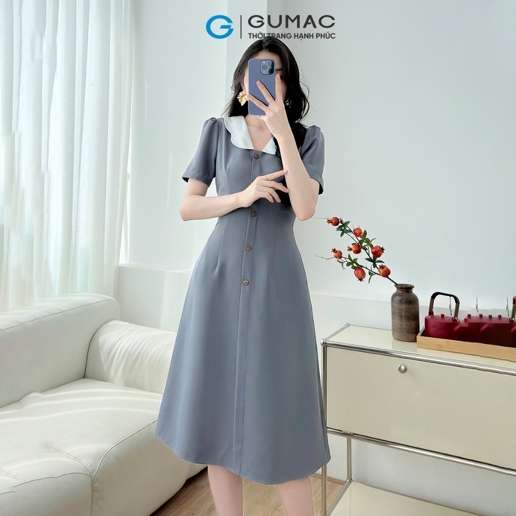 [MUA 2 GIẢM THÊM 50K] Đầm Dáng A Nữ GUMAC Váy Công Sở Phối Bâu Trắng Dáng Dài Qua Gối LDD1214
