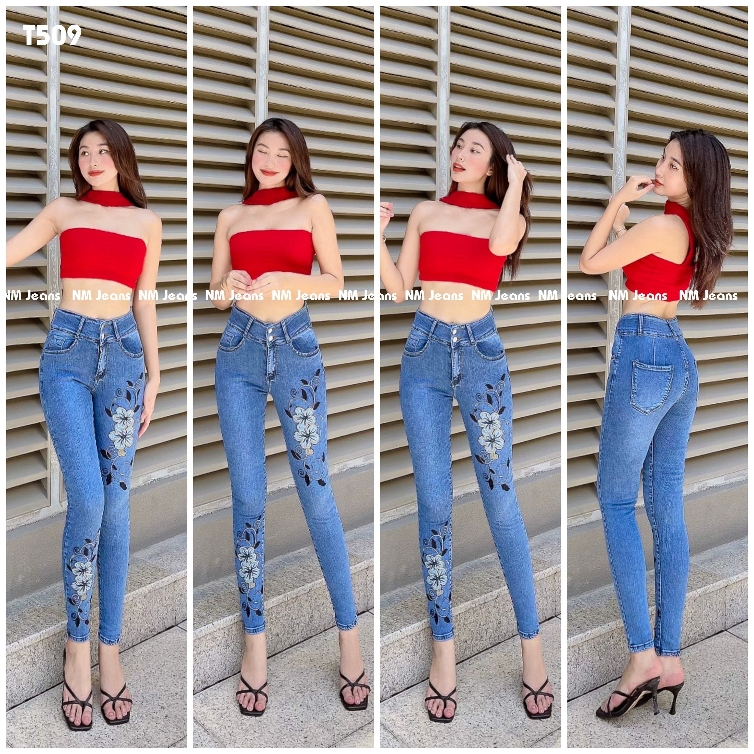 Quần jean nữ thêu hoa chất co giãn T509