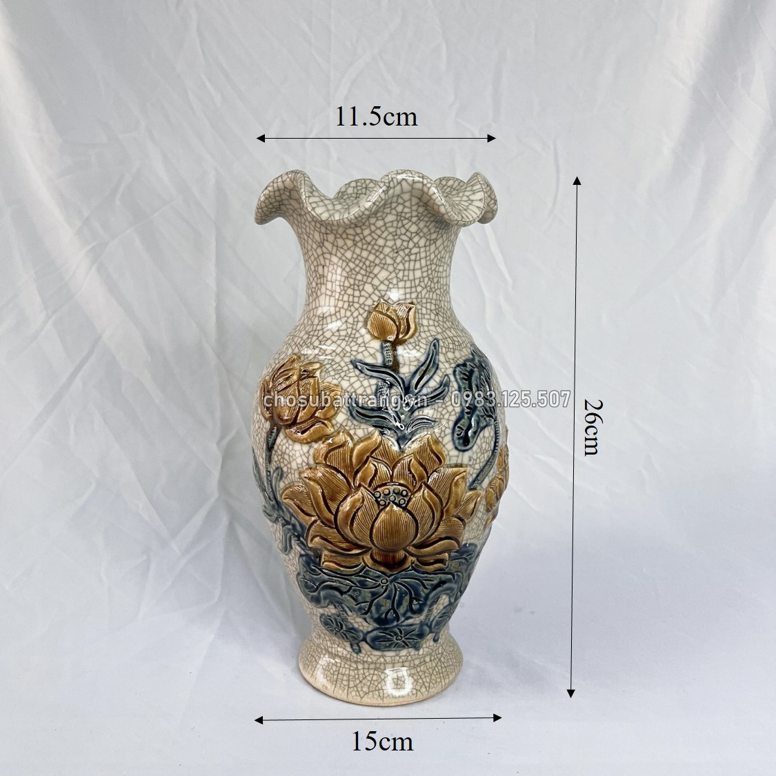 Bat Trang Worship Vase with Cracked Enamel Embossed with Lotus Flowers - Bat Trang Porcelain Market Altar Vase
