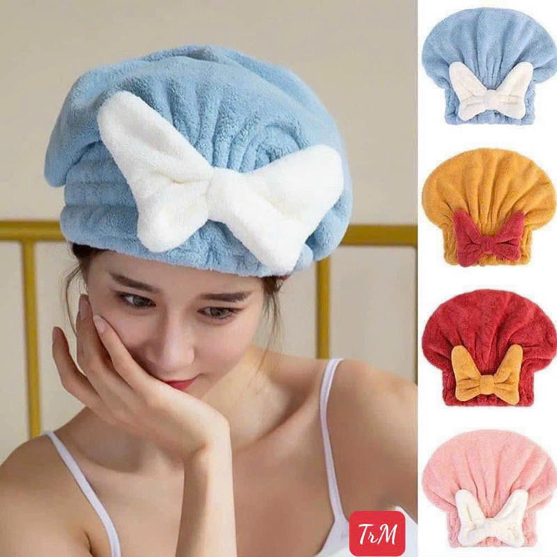 (Khăn ủ tóc) Mũ Ủ Khô Tóc Hình Nơ Siêu Thấm Hút 123