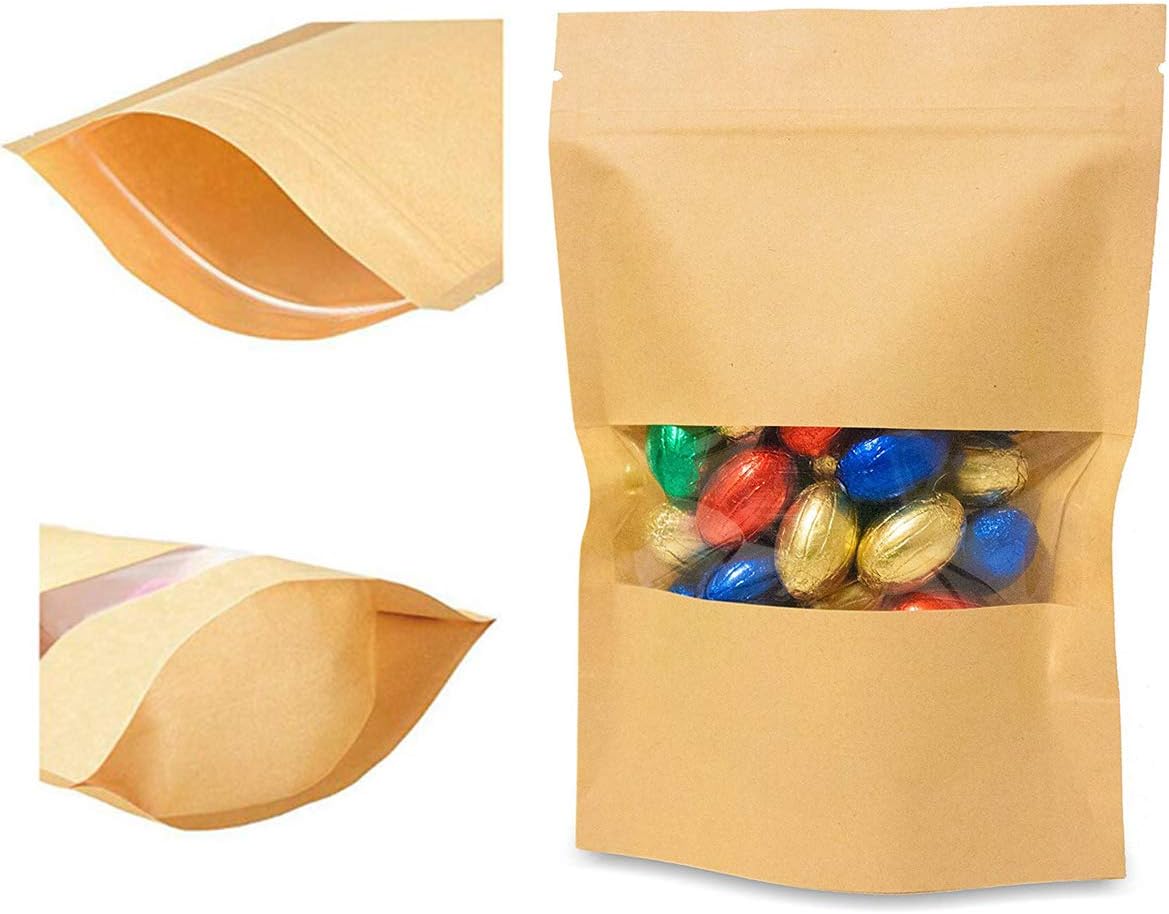 100G - Kraft Paper Bag Stand Up Pouch Food Zip Lock Packaging Window (12CM x 20CM + 6CM = 100G) BROWN - 10 Bags, 50 Bags, 100 Bags, Available. 
