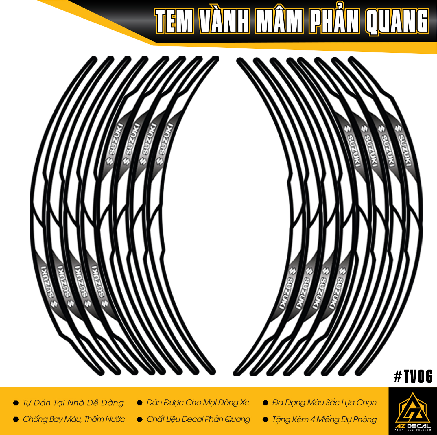 Tem Vành Dán Xe Suzuki Full 2 Bánh | TV06 | Decal Dán Mâm Xe Chất Liệu Phản Quang &PVC Chính Hãng Chống Nước, Bền Màu | Azdecal