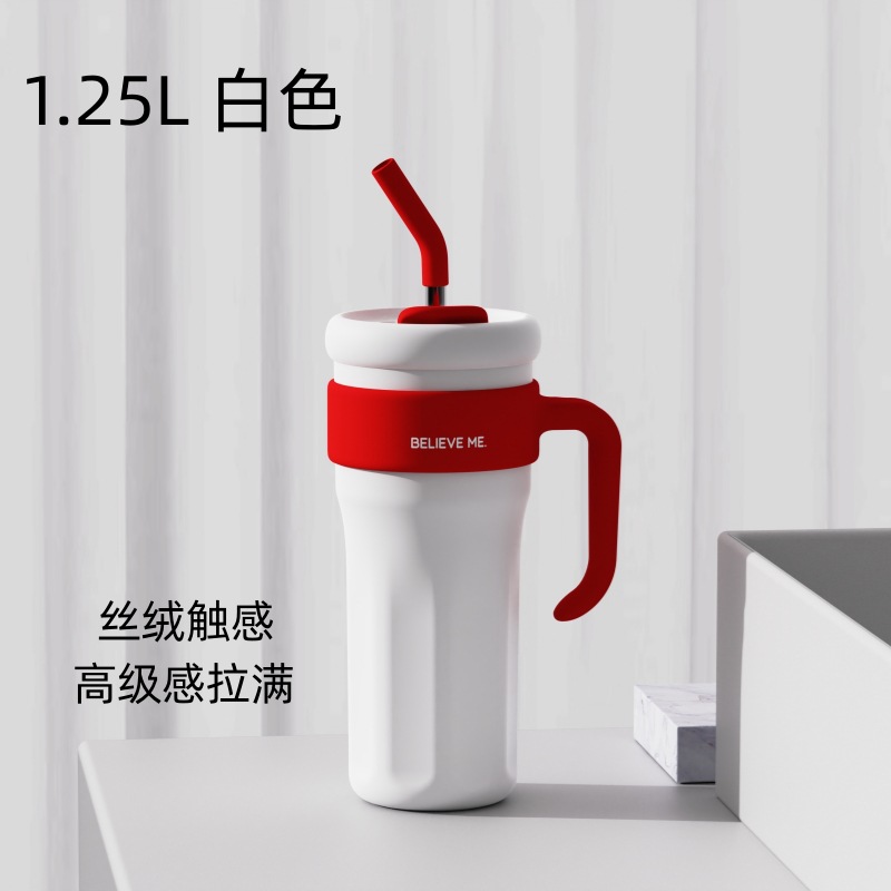Double Mouth Outdoor Thermal Insulated Cup Stainless Steel Large Capacity Coffee Cup With Handle And Straw