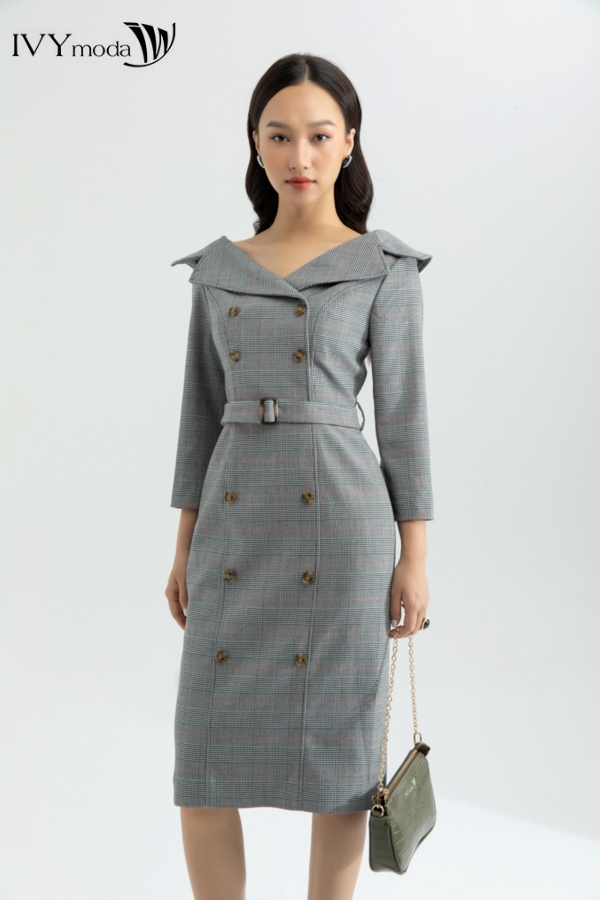 [TỪ 22-24.1|VOUCHER 15% ĐƠN 500K] Đầm kẻ cổ cách điệu IVY moda MS 48M6009
