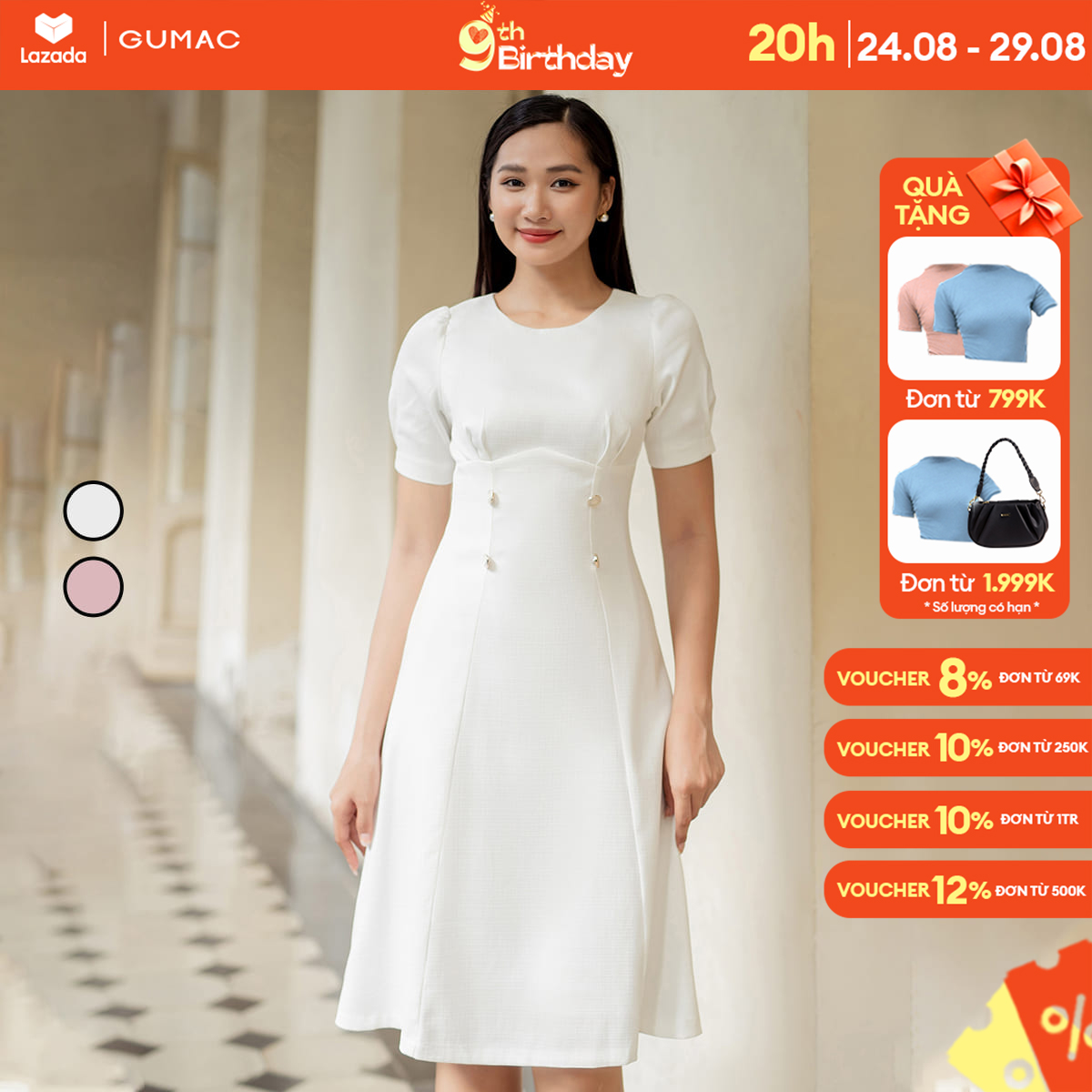 Đầm a xếp ly ngực thời trang gumac dd07065