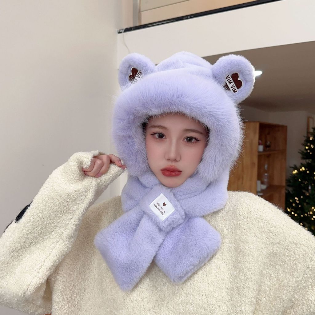 Mũ lông cừu nón len lông cừu nữ tai gấu thời trang kèm khăn Bộ khăn choàng cổ mùa đông hai mảnh dày dặn và ấm áp