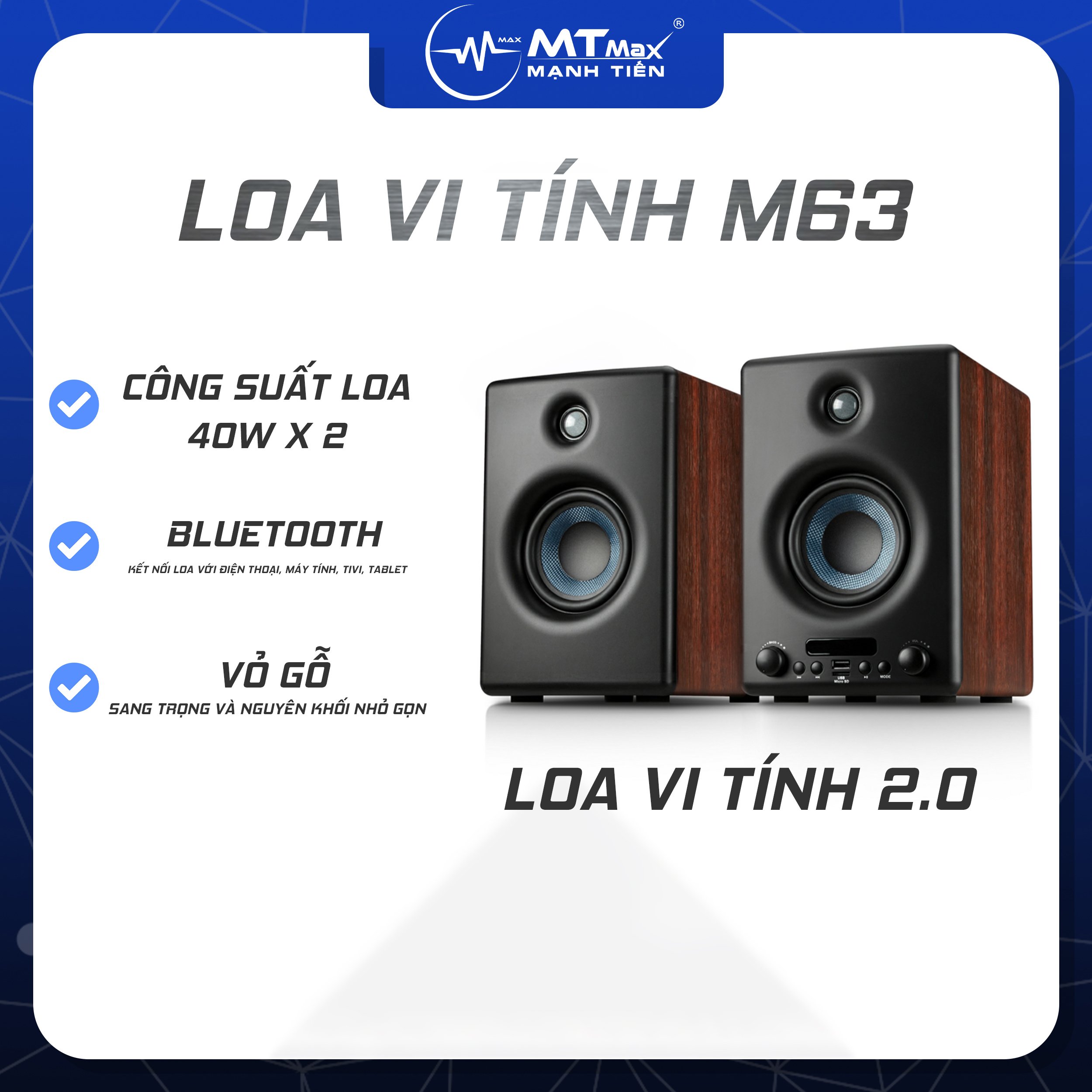 [Giá sock] Loa vi tính SunSure M63 - Loa vi tính cao cấp 2.0 - Kết nối bluetooth 5.0, AV, USB, SD card - Vỏ gỗ sang trọng - Công suất 80W, Bass cực chắc, treble giấy - Âm thanh sắc nét sống động - Bảo hành 12 tháng