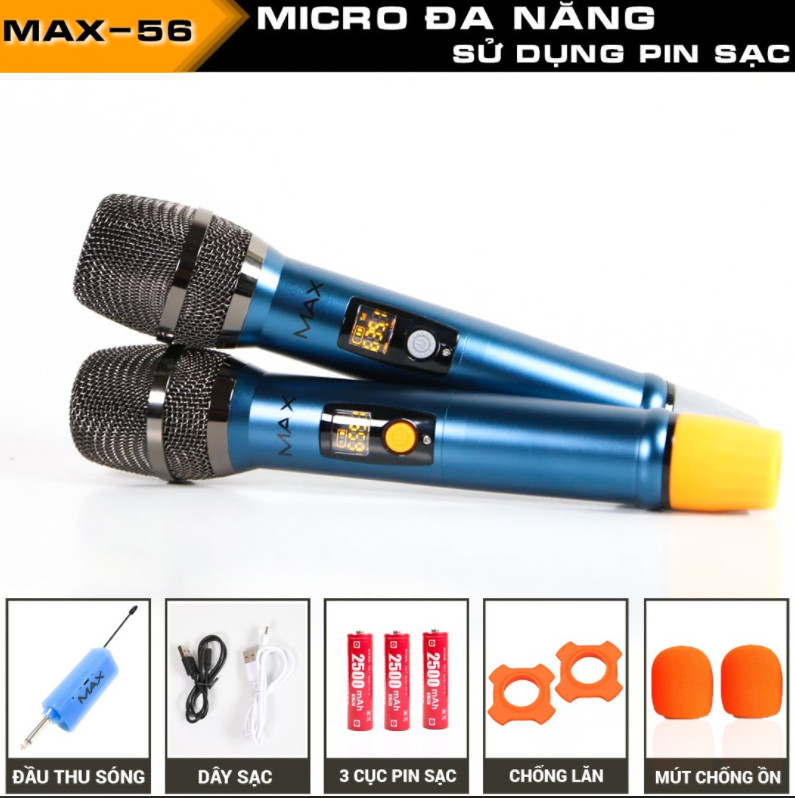 [ BẢO HÀNH 1 NĂM ] Micro không dây đa năng Max 56 - Nâng cấp từ Max 39 - Hút âm tốt, chống hú hiệu quả - Sạc pin ngay trên mic - Pin sạc dung lượng cao - Màn hình LCD hiển thị tần số - Phù hợp mọi thiết bị.