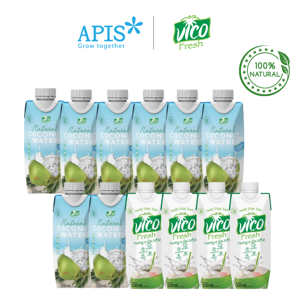 COMBO 12 HỘP NƯỚC DỪA VICO FRESH 330ML (8 NATURAL, 4 XIÊM)