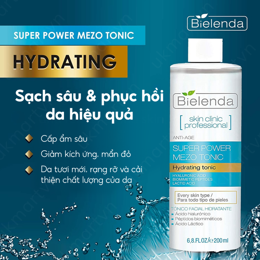 Toner Bielenda Super Power Mezo Tonic Skin Clinic Correcting Căng Bóng Mờ Thâm Moisturizing Dưỡng Ẩm Cấp Nước 200ml