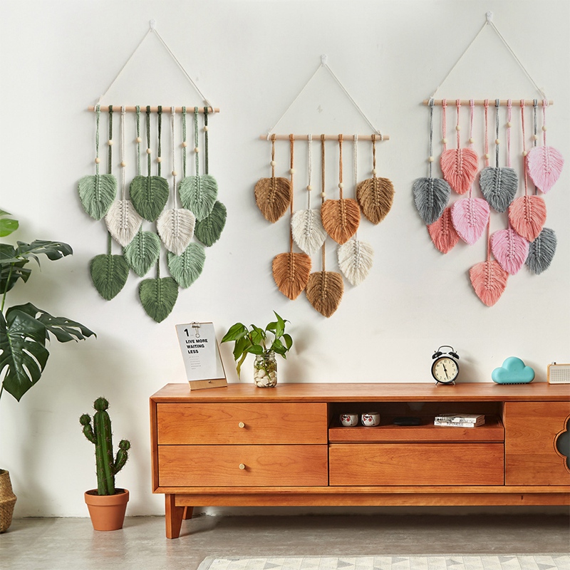 Chic Feather Boho Macrame Wall Decor Handmade Yarn Tassels Woven Wall Art Leaf Tapestry Decoration