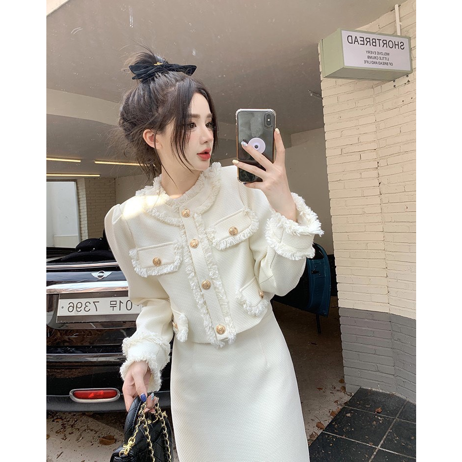 Set dạ tua rua váy dáng dài thiết kế tiểu thư