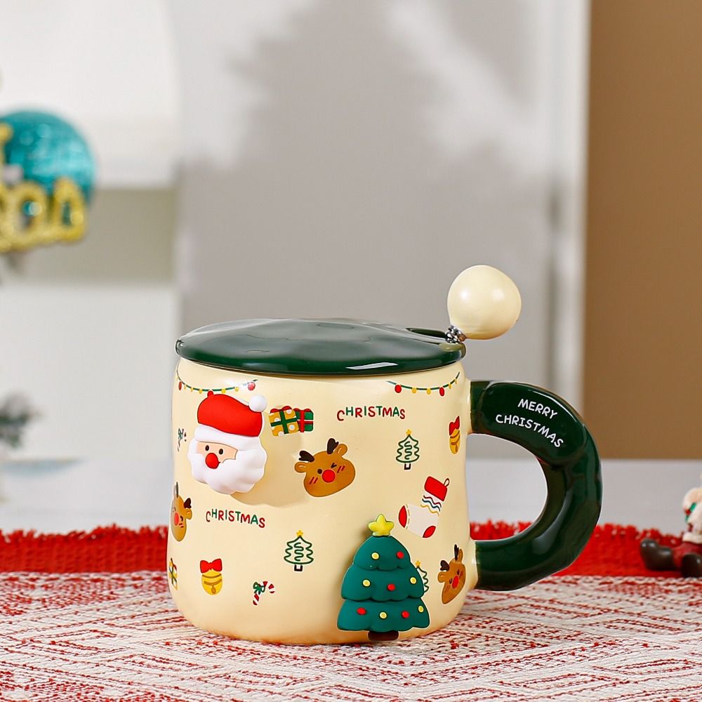 KATHRYNSON with Lid and Spoon Christmas Coffee Mug Coffee Cup Milk Tea Cup Ceramic Christmas Coffee Mugs Novelty 3D Couple Santa Mugs