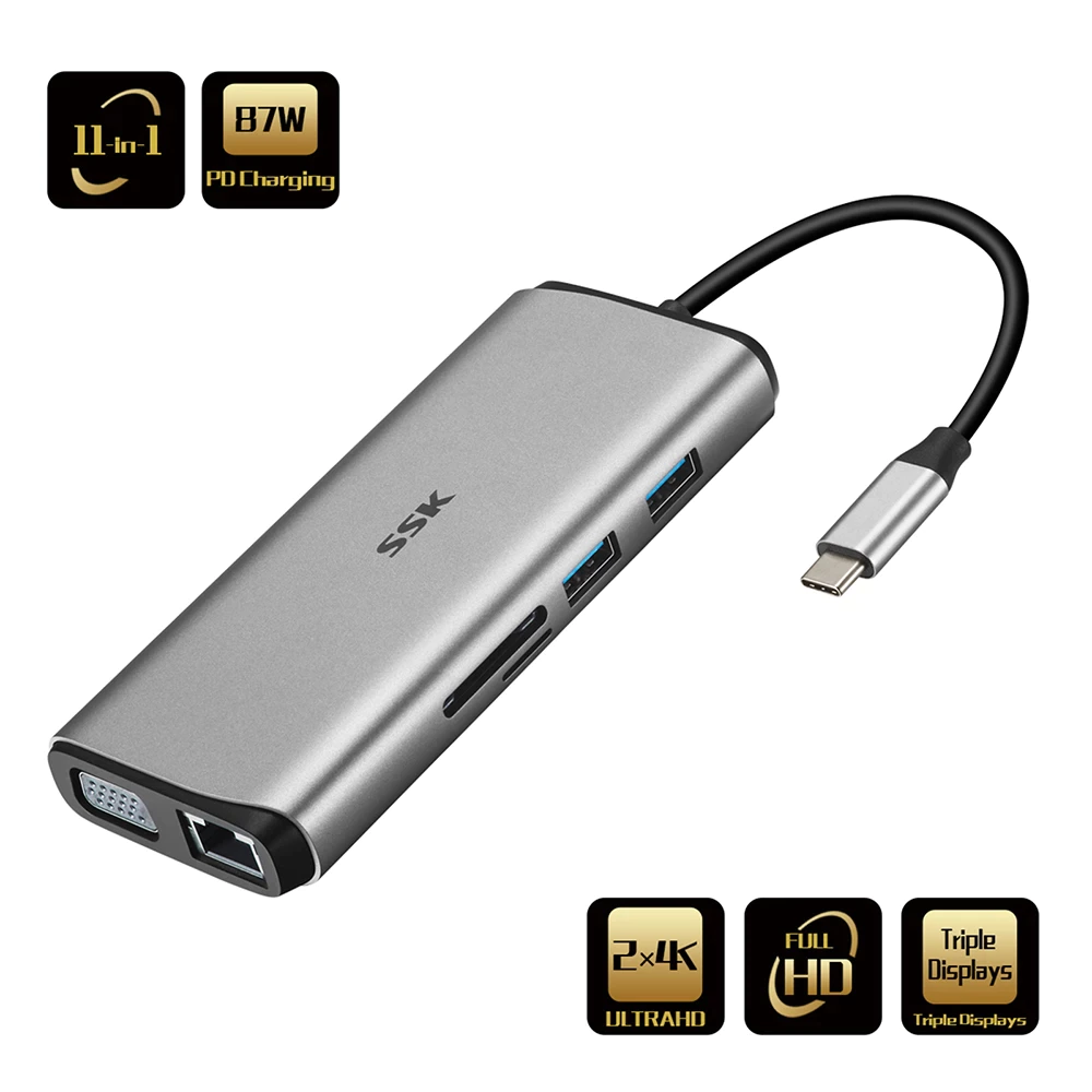 Hub chuyển đa năng typec sang hdmi + vga +lan + đầu đọc thẻ + typec + usb 3.0 + âm thanh chính hãng ssk