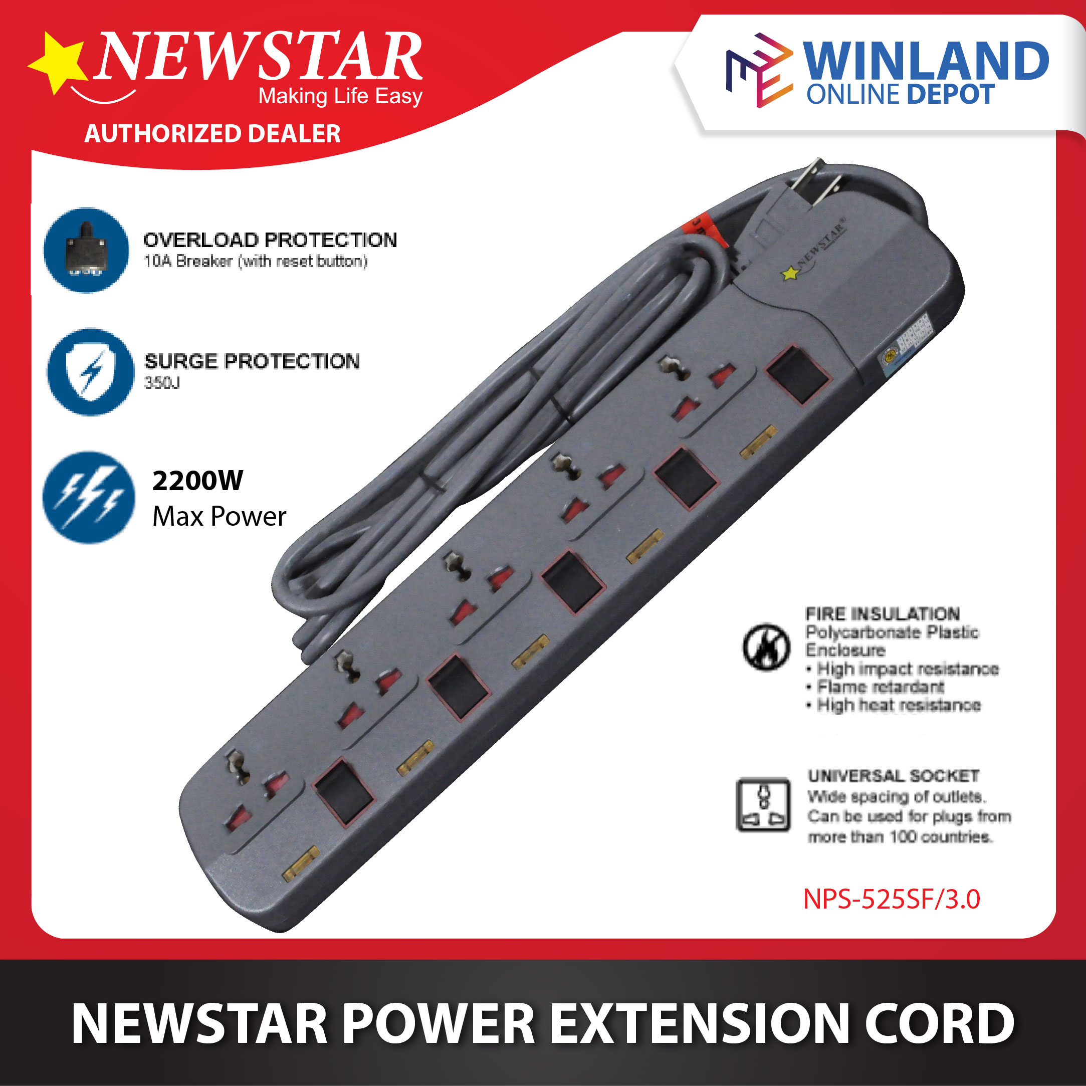 NEWSTAR by Winland Surge Protector Power Extension Cord w/ Individual