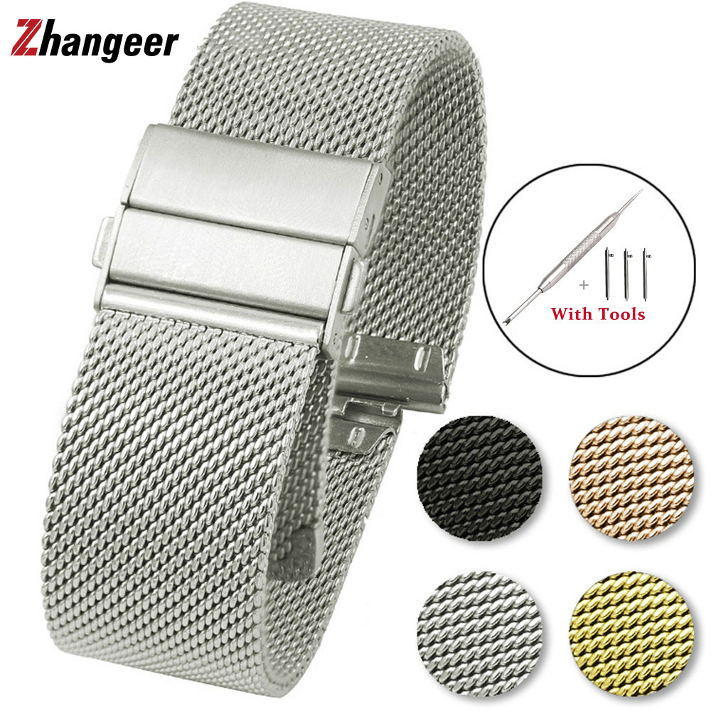 zhangeer 16 18 20 22mm Quick Release Stainless Steel Mesh Milanese Strap Watchbands For Gear S2 S3 S4 For Galaxy watch 42 46mm Double press clasp Watches Accessories Watch Bands with tools