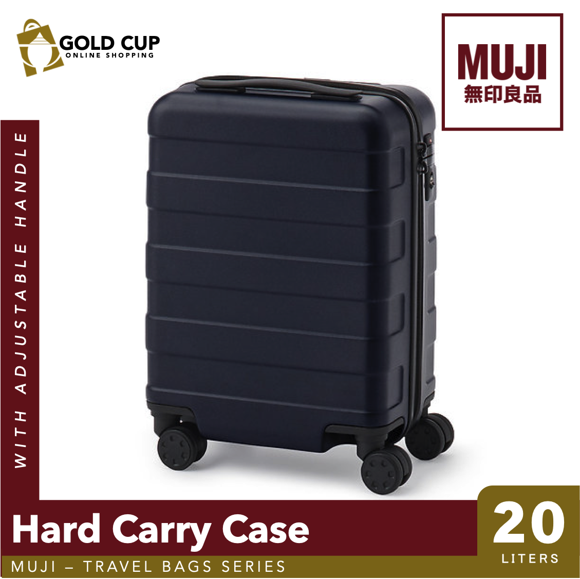 MUJI Hard Carry Case with Adjustable Handle and Carry Bar (20L) Navy