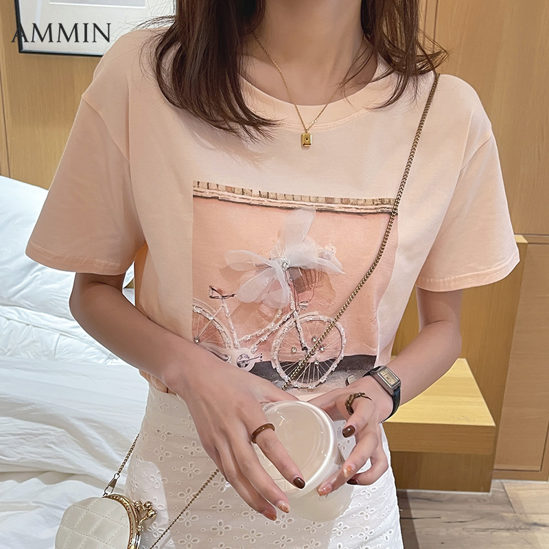 AMMIN 2023 summer new style with diamonds and three-dimensional flower design short-sleeved cotton T-shirt women's Korean style simple round neck fashion print casual blouse female ins tops