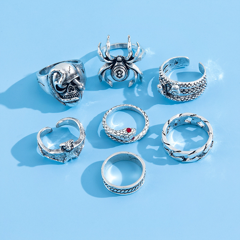 Men's Metal Finger Ring Set Of 7 Vintage Aged Spider Snake Bat Skull ...
