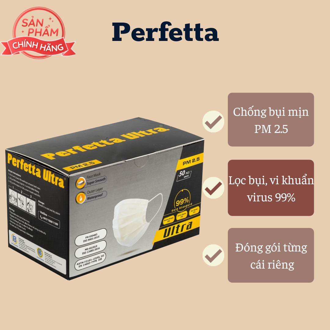 [HCM]Khẩu trang y tế 4 lớp Perfetta Ultra Trắng (35 CÁI /Hộp)