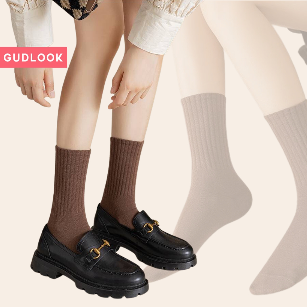 Set 5 Đôi Tất Cao Cổ Màu Basic GUDLOOK Gân Tăm Vintage