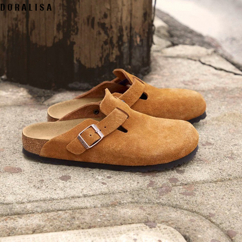 DORALISA Women's Thick-Soled Genuine Leather Cork Flip Flops