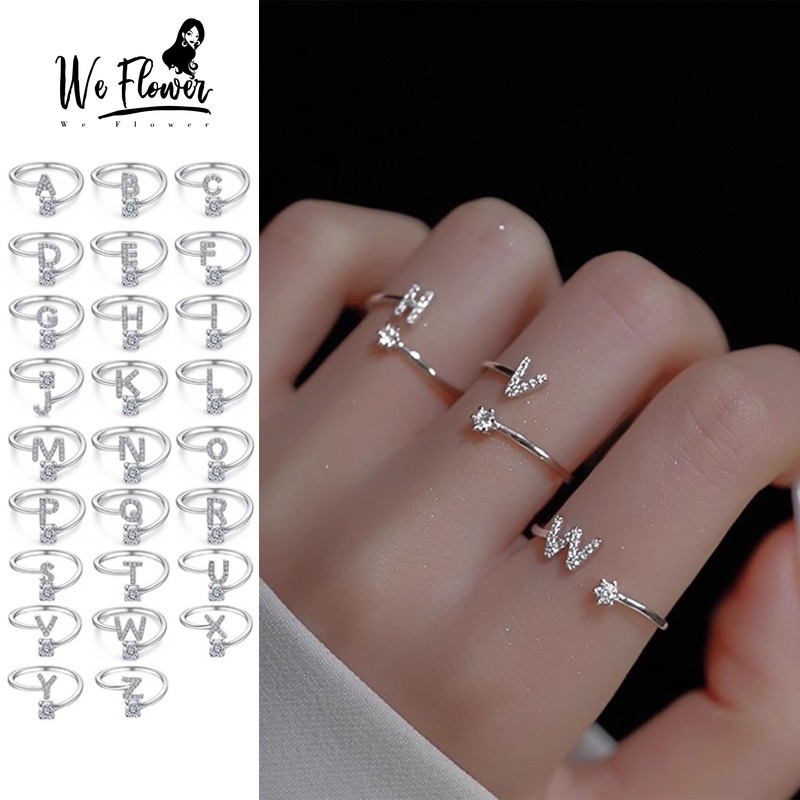We Flower Luxury s925 Silver Crystal 26 Capital Letter Open Ring for Women