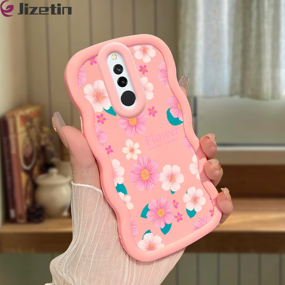 Jizetin for Redmi 8 Back Cover Pink White Flowers Macaron Bright Color Wavy Shape Soft Mobile Phone Cases. 