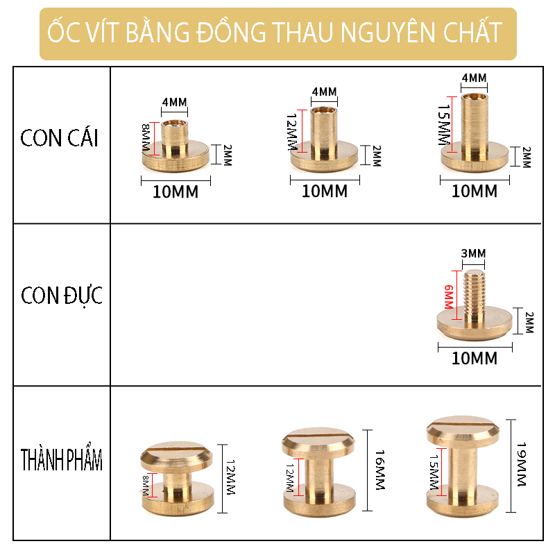 COMBO 10 ỐC VÍT BẰNG ĐỒNG THAU NGUYÊN CHẤT