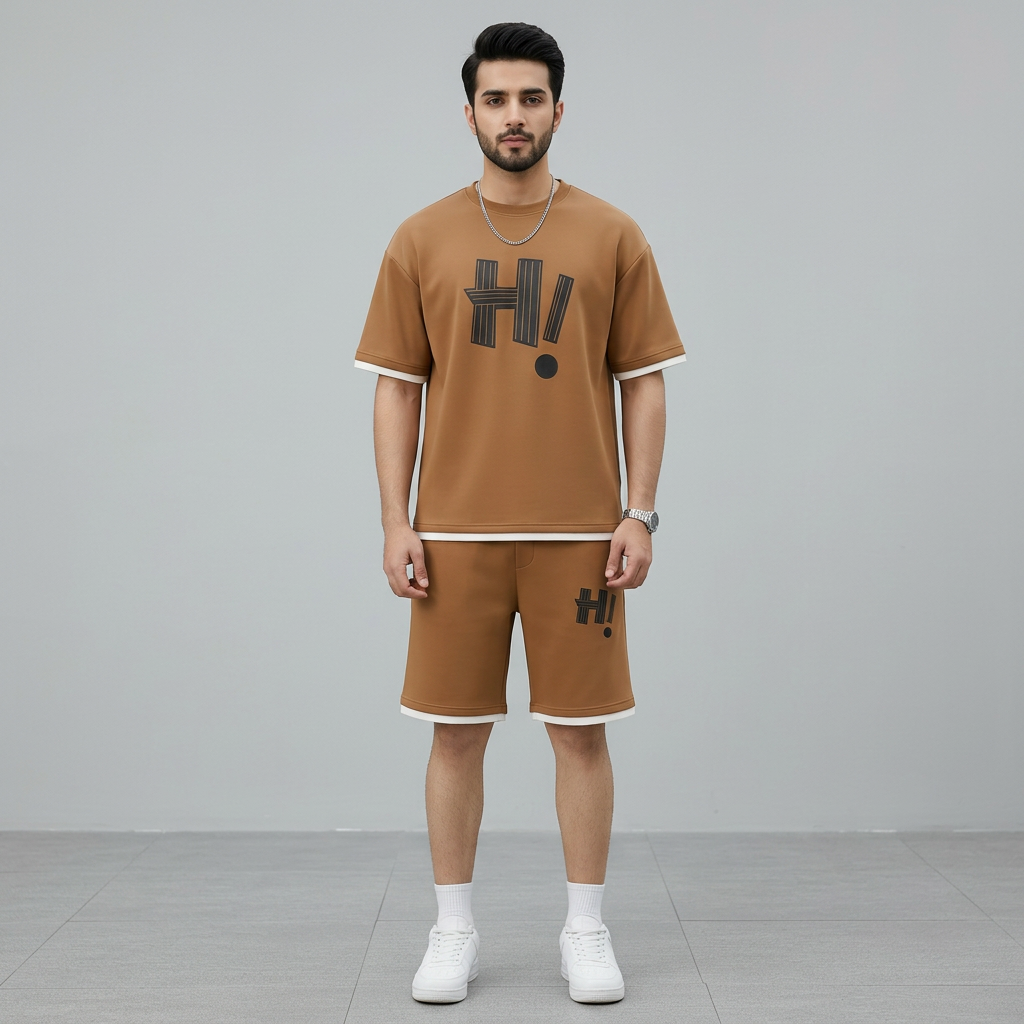 Men's Brown Printed Summer Tracksuit Set (T-Shirt & Shorts)