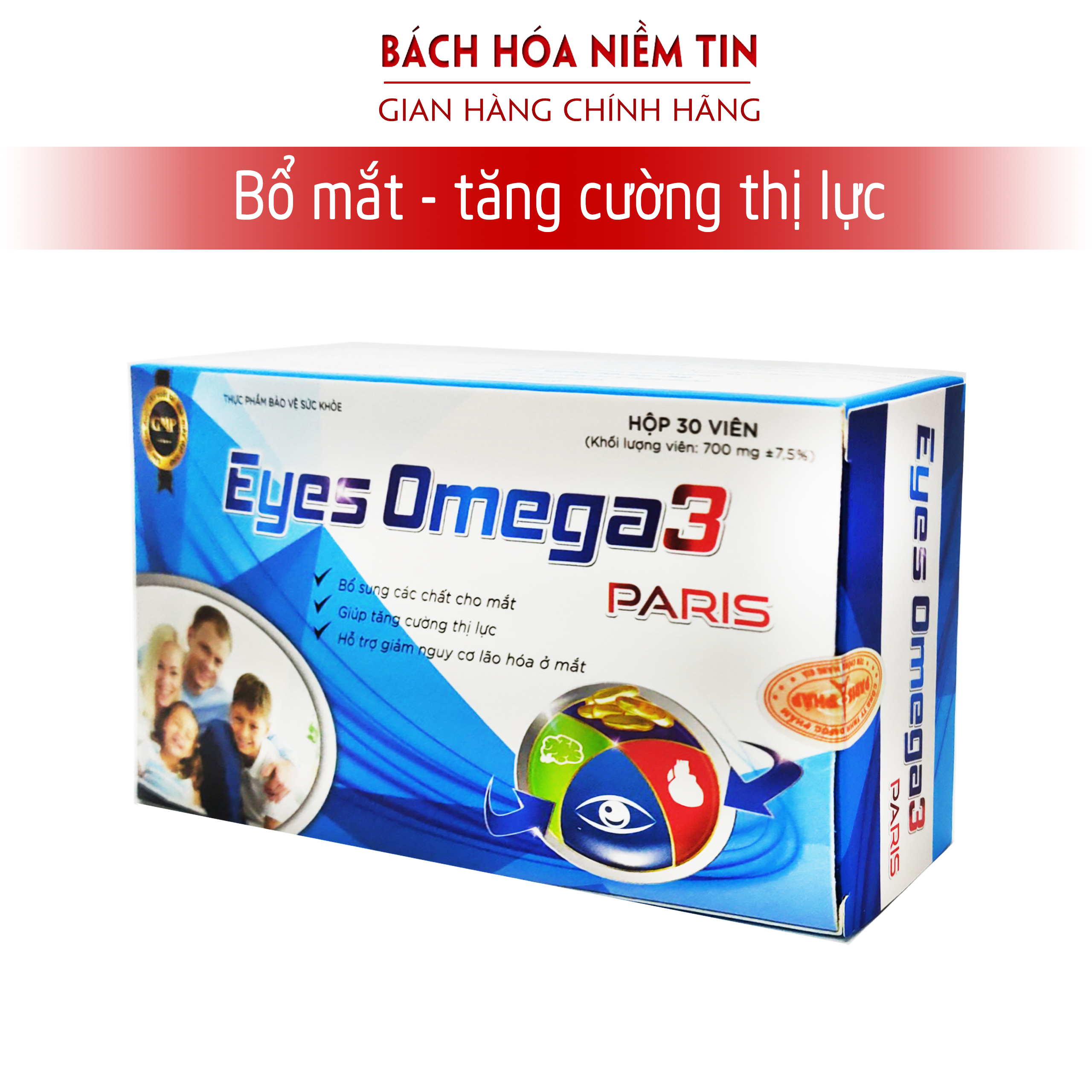 Viên uống Eyes Omega 3 Paris Dầu gấc, Dầu cá - giúp tăng cường thị lực, giảm nguy cơ lão hóa ở mắt - Hộp 30 viên Chuẩn GMP bộ Y tế