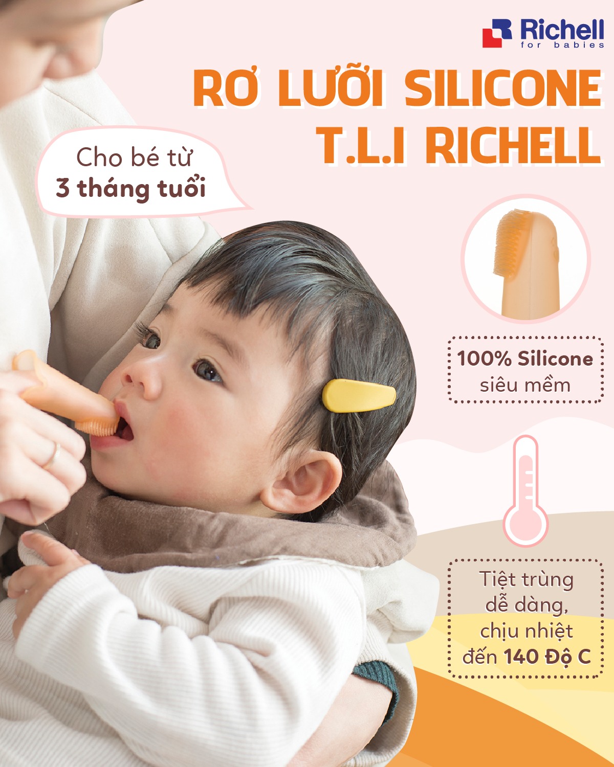 Rơ lưỡi Silicone T.L.I siêu mềm Richell Nhật Bản cho bé từ 3M