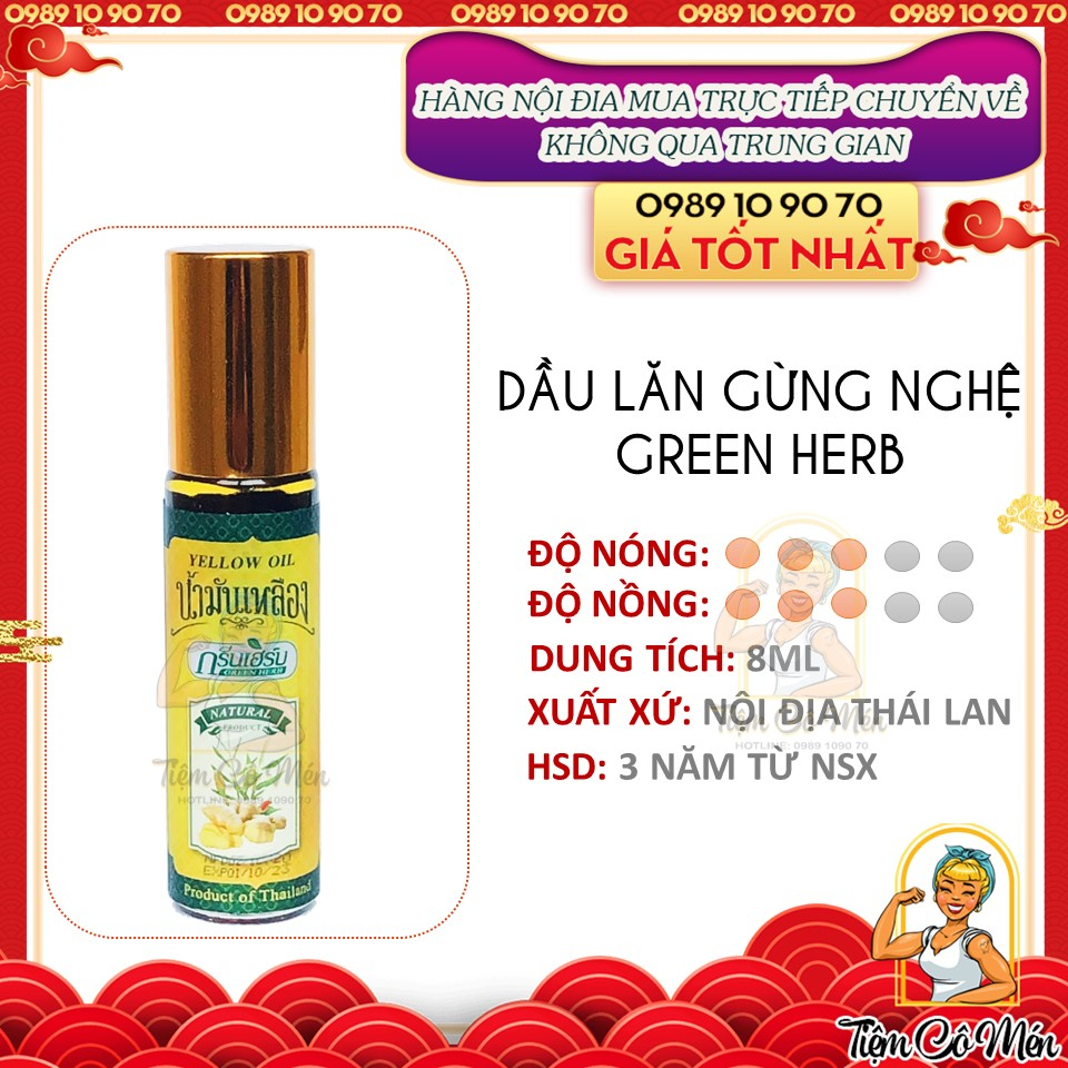 Dầu lăn thảo dược gừng nghệ green herb thái lan -8ml- gừng, ngệ, sả