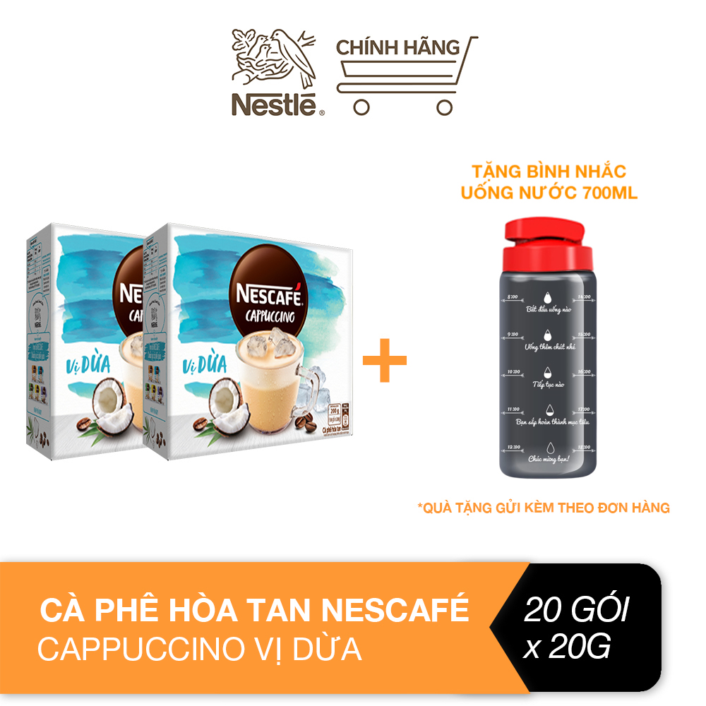 [Tặng 1 bình nước Water Reminder 700ml] Combo 2 hộp cà phê hòa tan Nescafé Cappuccino vị dừa (Hộp 10...
